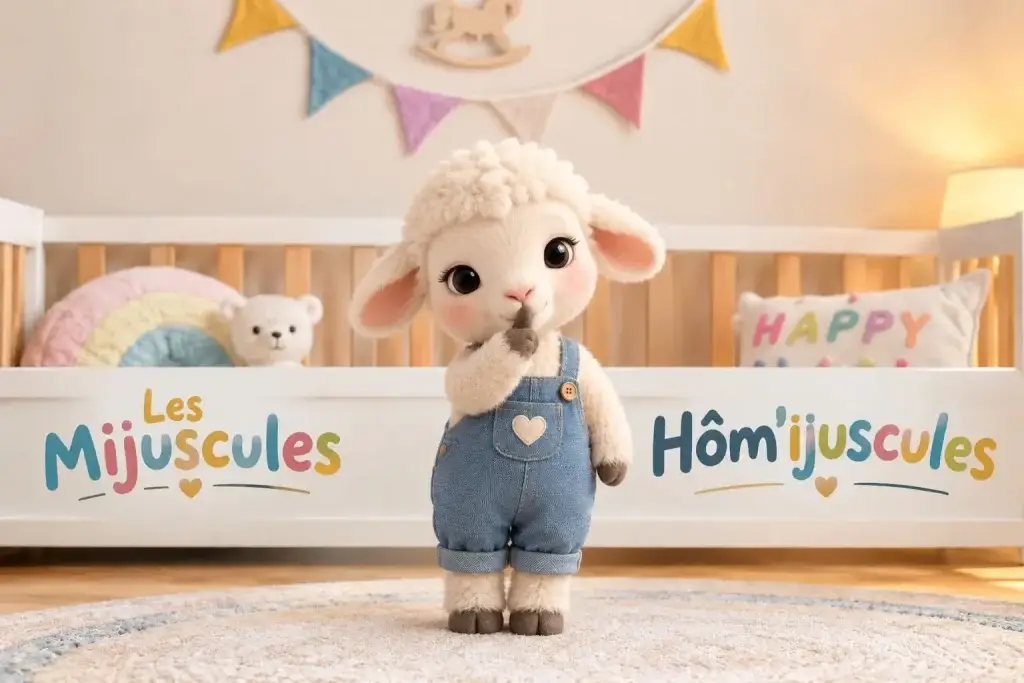Mascotte Hôm'ijuscules des Micro-Crèches Les Mijuscules à Aulnoy-Lez-Valenciennes, Rouvignies et Thiant - mouton en salopette dans espace de jeux bienveillant et sécurisé