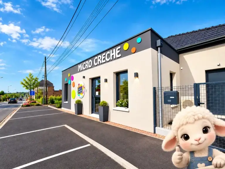 Micro-crèche Les Mijuscules à Rouvignies - façade extérieure de la micro-crèche avec parking